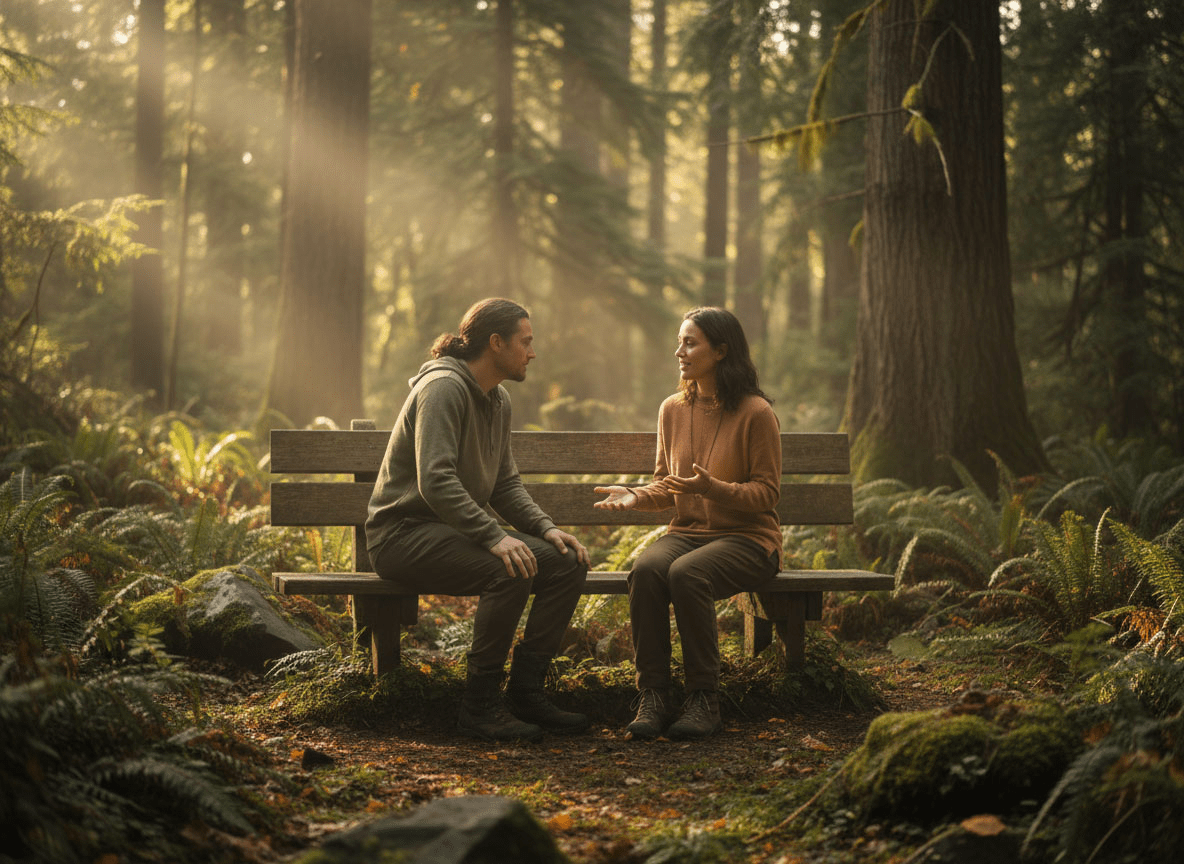 Two people sit together on a wooden bench in a quiet forest clearing, soft light filtering through the trees as they talk in a calm, supportive way.