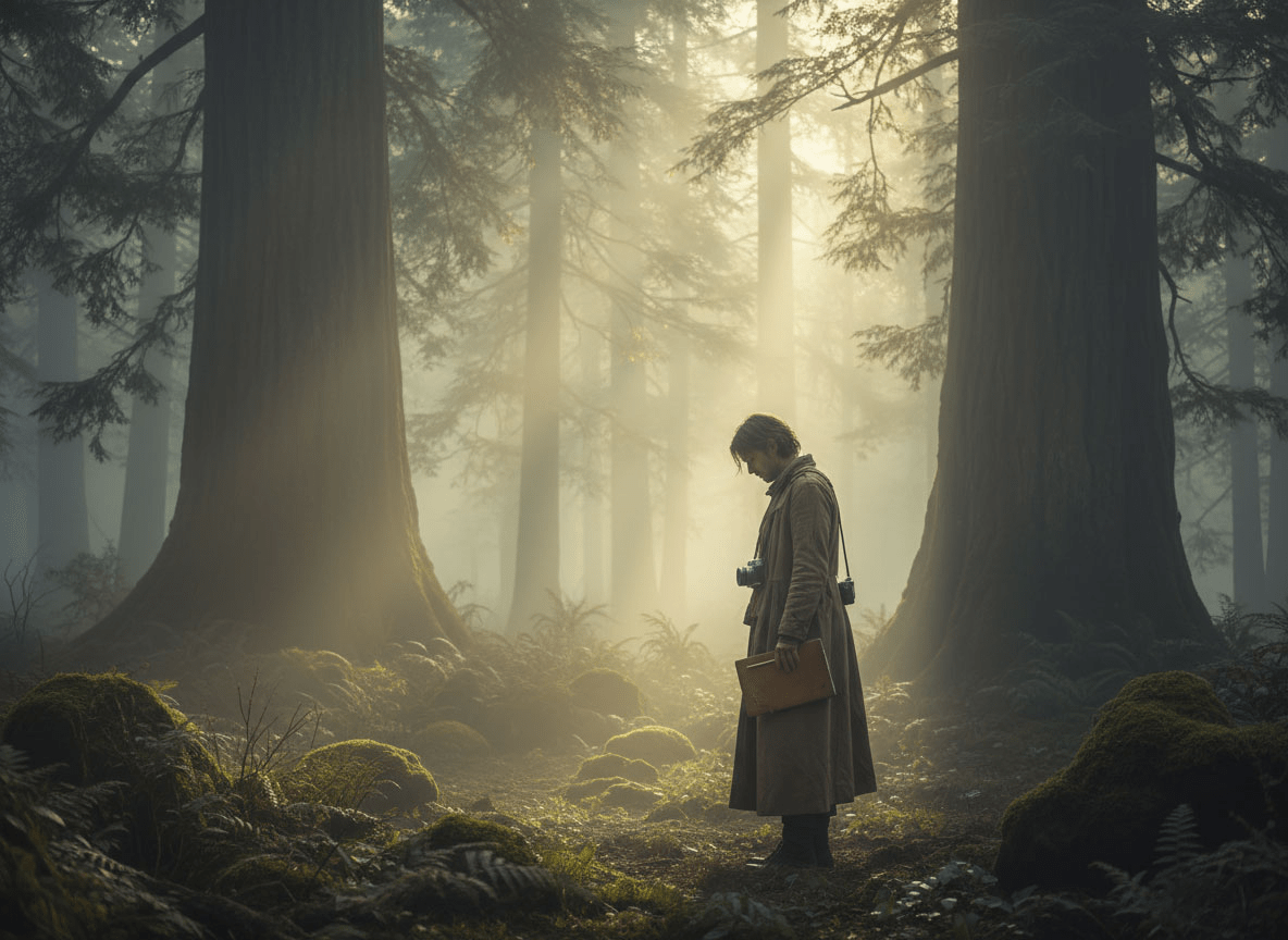 A person stands at the edge of a misty forest clearing at dawn, soft light filtering through tall cedar trees as fog drifts across the ground, holding a sketchbook or camera at their side.