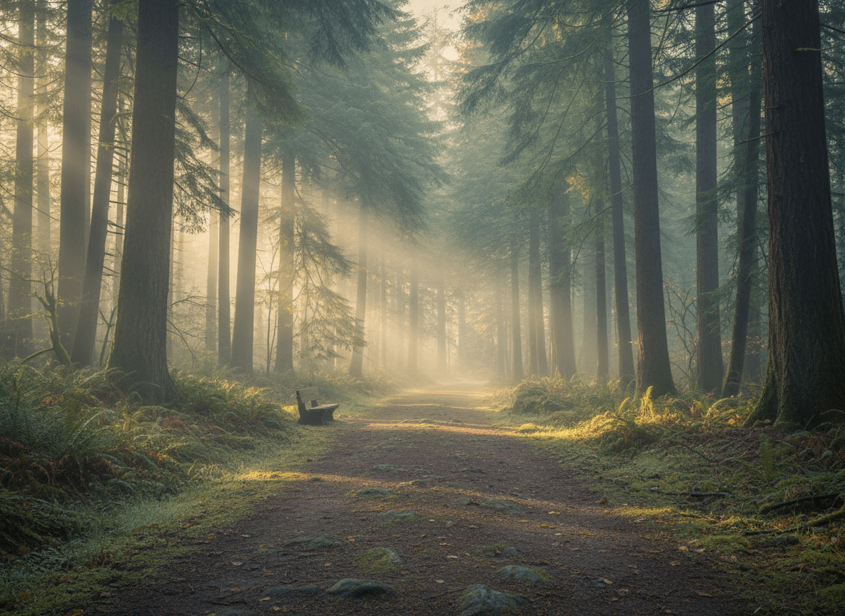 A soft beam of light falls across a quiet forest path, creating a calm, reflective atmosphere that feels like a gentle closing moment.