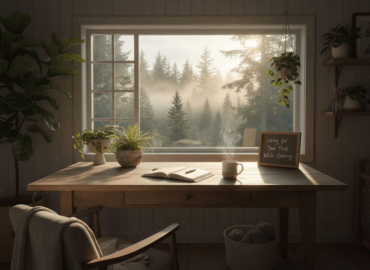 An open journal and steaming mug of tea sit on a wooden desk near a window, with soft morning light illuminating nearby plants and a misty forest beyond. The scene feels quiet and restorative.