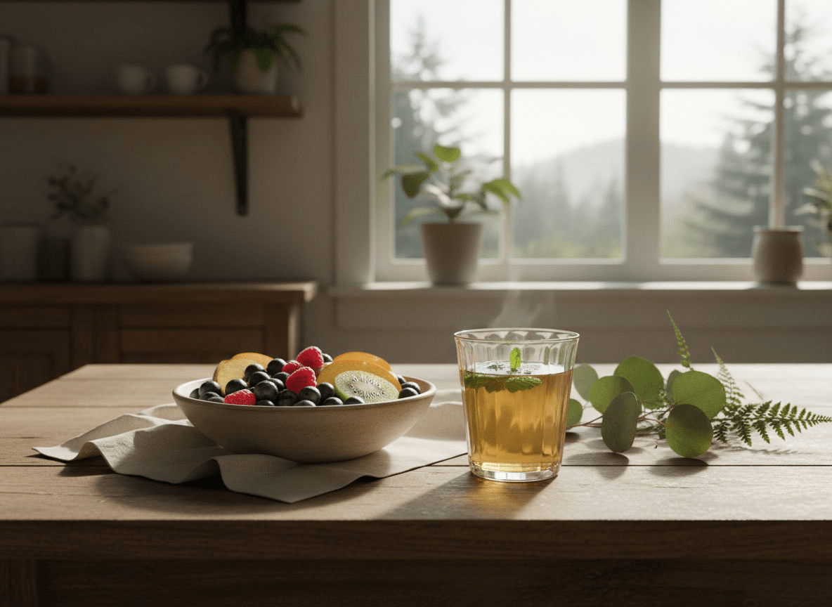 A simple bowl of fresh fruit and a glass of water sit on a wooden table in soft morning light, with a linen cloth and greenery adding a calm, nourishing atmosphere.