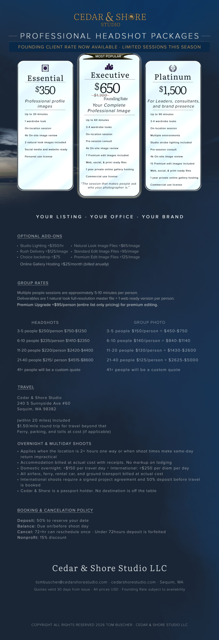 cedar and shore studio professional headshot pricing list