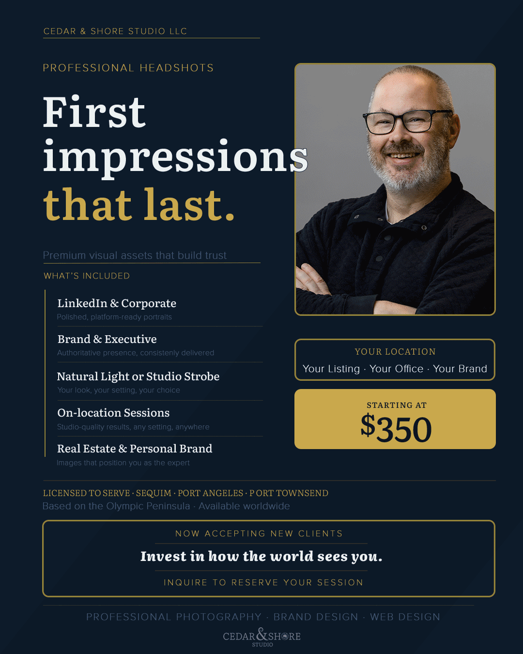 Professional headshot photographer Sequim, WA, Cedar Shore Studio, shooting on location with professional equipment. showcased here in this advertisement.