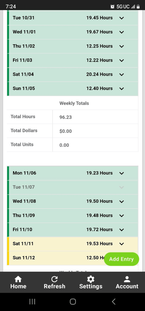 A timekeeping app showing daily shift hours and a weekly total of 96.23 hours.