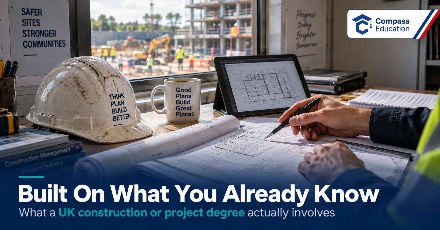 Site manager's desk with an architectural blueprint, hard hat, and tablet showing a site plan, representing the qualifications behind a UK construction or project management degree