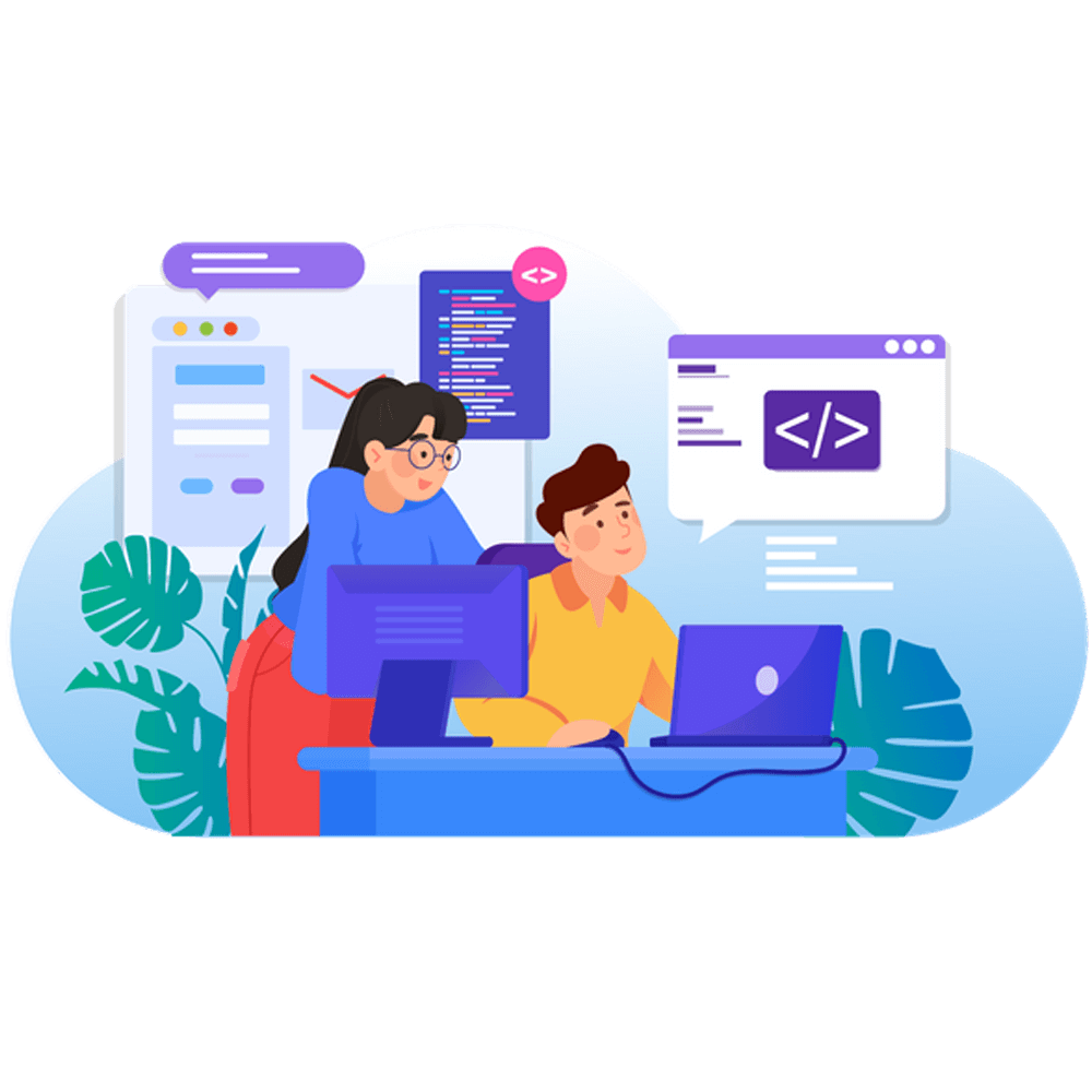 Two people building a website via code