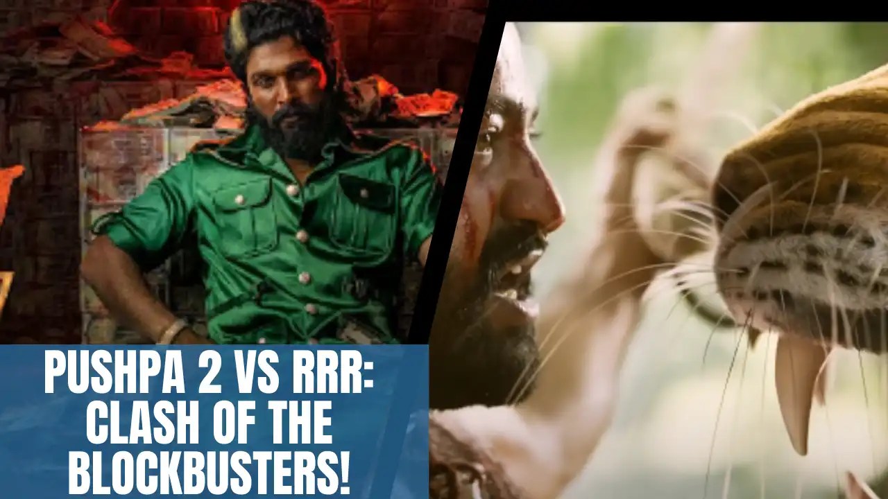 "Pushpa 2 vs RRR: Allu Arjun sitting on a chair in Pushpa and RRR hero facing a roaring tiger, showcasing an intense scene."