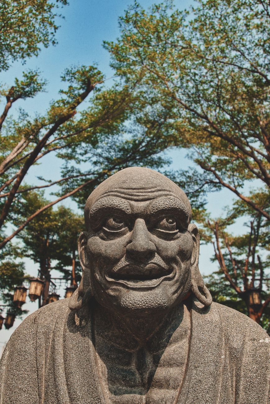 a buddhist statue on the background of trees