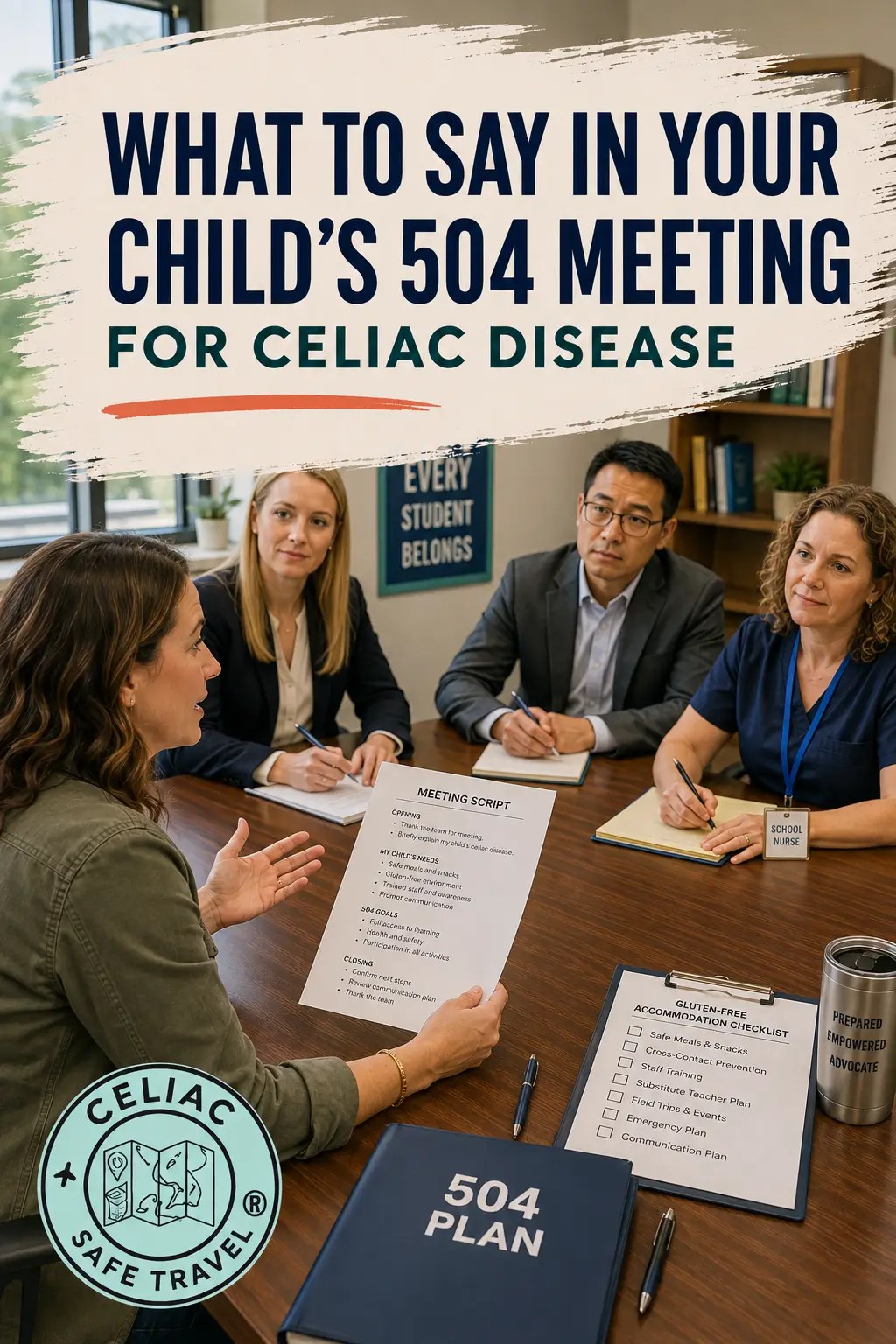 What to say in your child's 504 meeting for celiac disease - a parent presenting a meeting script and gluten-free accommodation checklist to the school team, from a nurse practitioner and celiac mom