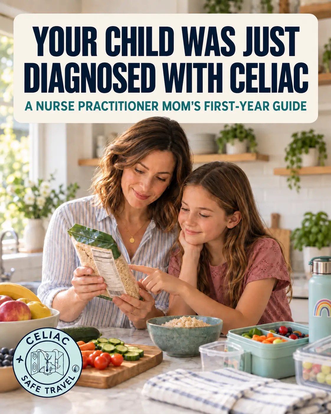 Your Child Was Just Diagnosed with Celiac: A Nurse Practitioner Mom's First-Year Guide. A mother and daughter reading a food label together in a kitchen.