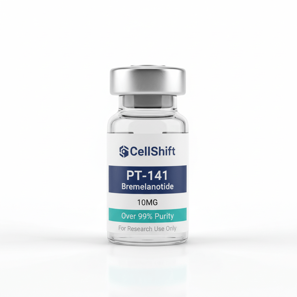 A professional product photo of a small glass research peptide vial with a silver metal crimp cap. The vial has a white label with: CellShift logo (hexagon cell icon + "CellShift" text in navy blue) at the top, a navy blue banner stripe with "PT-141" in large bold white text and "Bremelanotide" below it, "10MG" dosage text, "Over 99% Purity" in teal text, and "For Research Use Only" in small gray text at the bottom. Clean white background, sharp product photography, square format.
