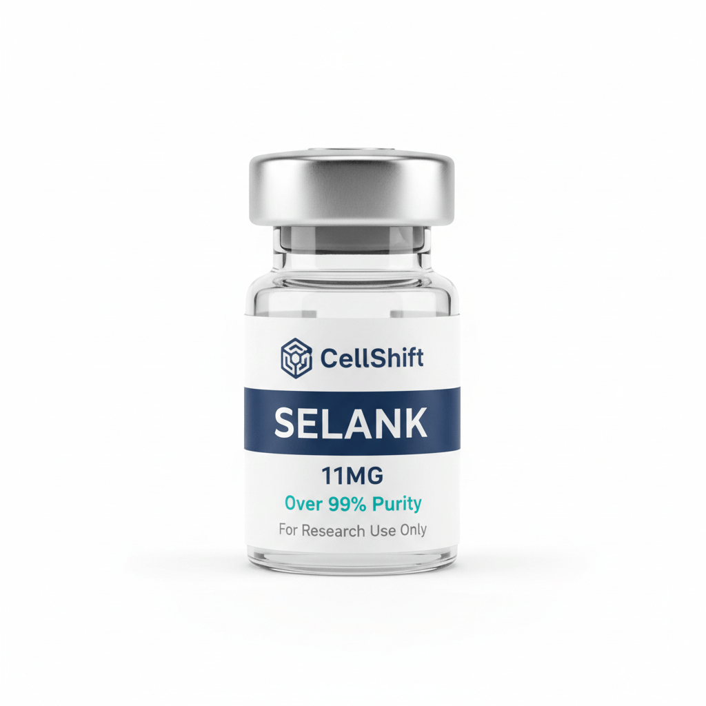 Professional product photo of a small glass research peptide vial with silver metal crimp cap. White label with: CellShift logo (hexagon cell icon + "CellShift" in navy blue) at top, navy blue banner stripe with "SELANK" in large bold white text, "11MG" dosage, "Over 99% Purity" in teal, "For Research Use Only" in small gray text at bottom. Clean white background, sharp product photography, square format.