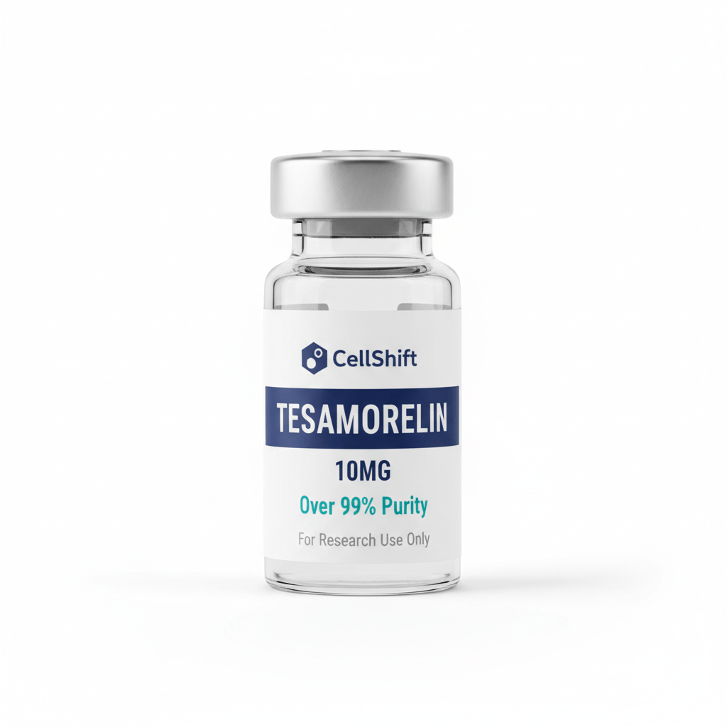 Professional product photo of a small glass research peptide vial with silver metal crimp cap. White label with: CellShift logo (hexagon cell icon + "CellShift" in navy blue) at top, navy blue banner stripe with "TESAMORELIN" in large bold white text, "10MG" dosage, "Over 99% Purity" in teal, "For Research Use Only" in small gray text at bottom. Clean white background, sharp product photography, square format.