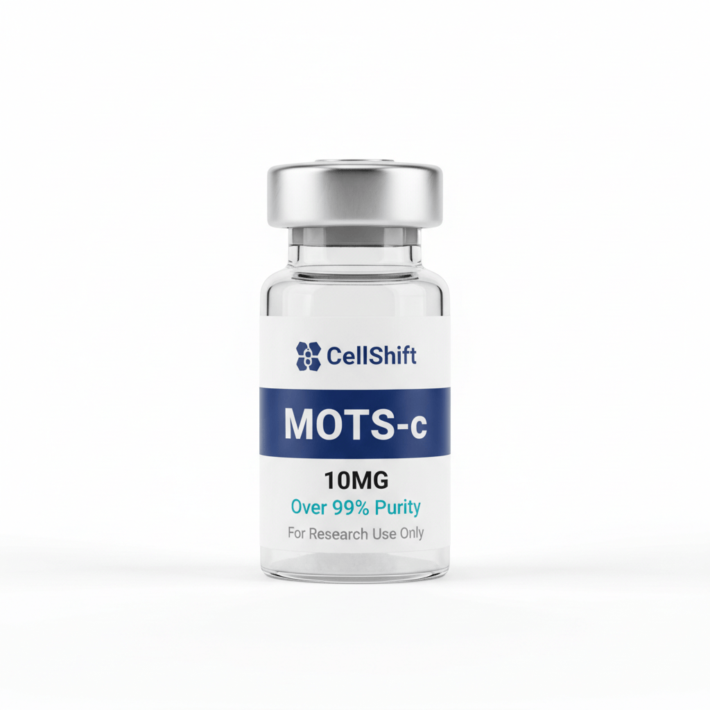 Professional product photo of a small glass research peptide vial with silver metal crimp cap. White label with: CellShift logo (hexagon cell icon + "CellShift" in navy blue) at top, navy blue banner stripe with "MOTS-c" in large bold white text, "10MG" dosage, "Over 99% Purity" in teal, "For Research Use Only" in small gray text at bottom. Clean white background, sharp product photography, square format.