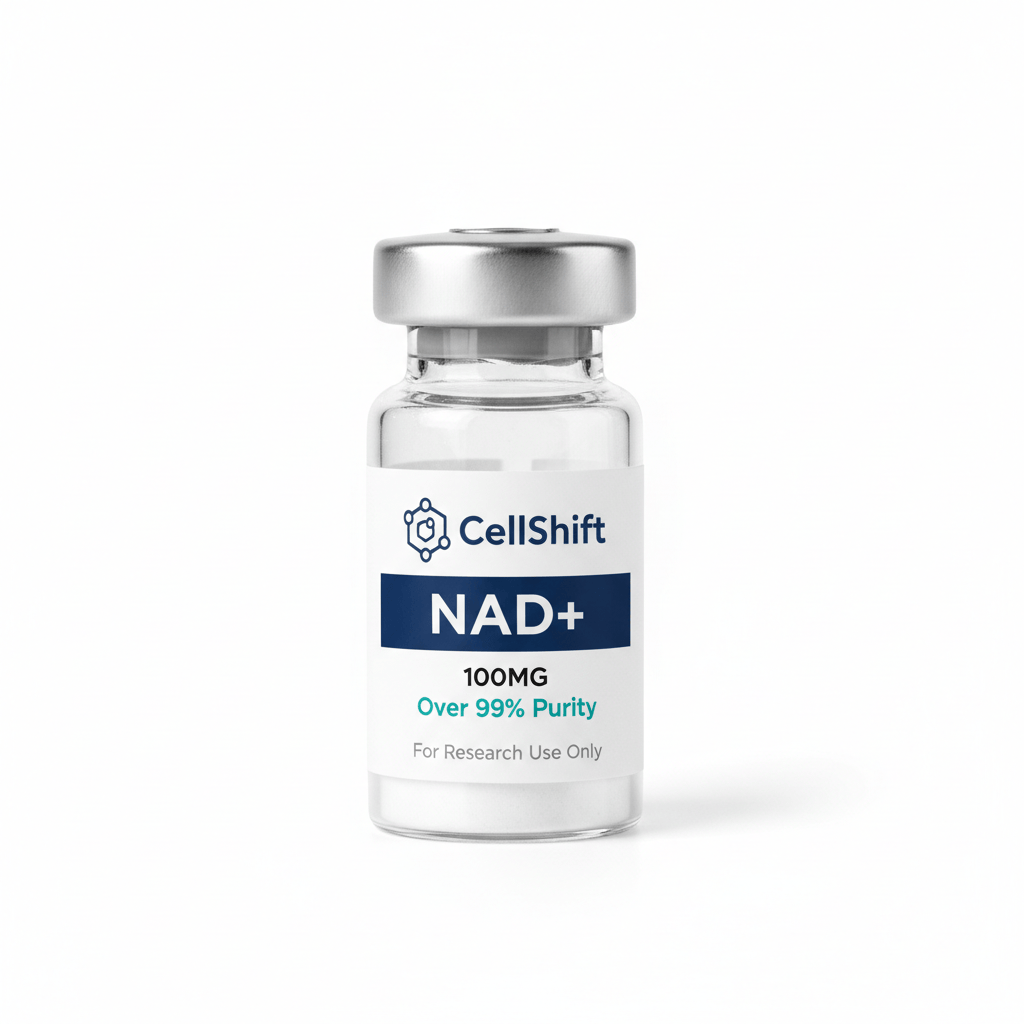 Professional product photo of a small glass research peptide vial with silver metal crimp cap. White label with: CellShift logo (hexagon cell icon + "CellShift" in navy blue) at top, navy blue banner stripe with "NAD+" in large bold white text, "100MG" dosage, "Over 99% Purity" in teal, "For Research Use Only" in small gray text at bottom. Clean white background, sharp product photography, square format.