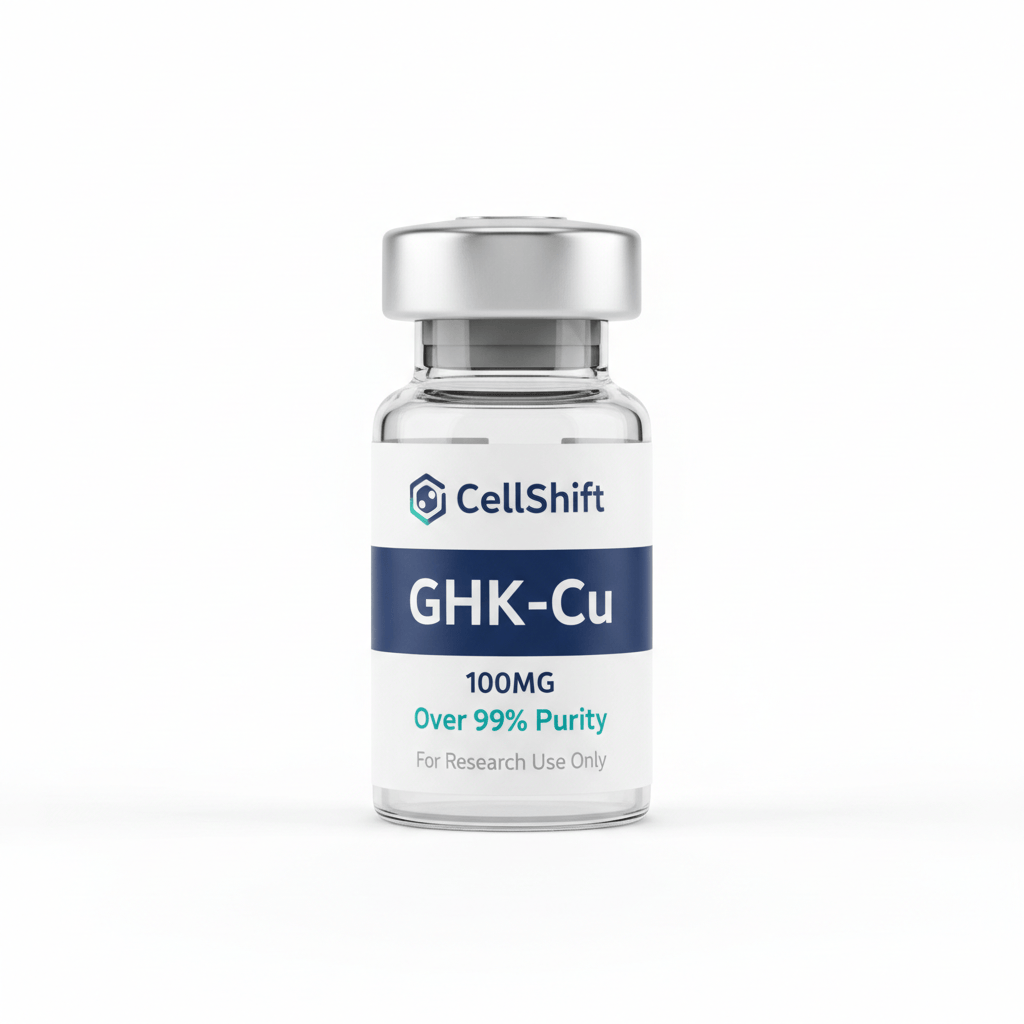 Professional product photo of a small glass research peptide vial with silver metal crimp cap. White label with: CellShift logo (hexagon cell icon + "CellShift" in navy blue) at top, navy blue banner stripe with "GHK-Cu" in large bold white text, "100MG" dosage, "Over 99% Purity" in teal, "For Research Use Only" in small gray text at bottom. Clean white background, sharp product photography, square format.