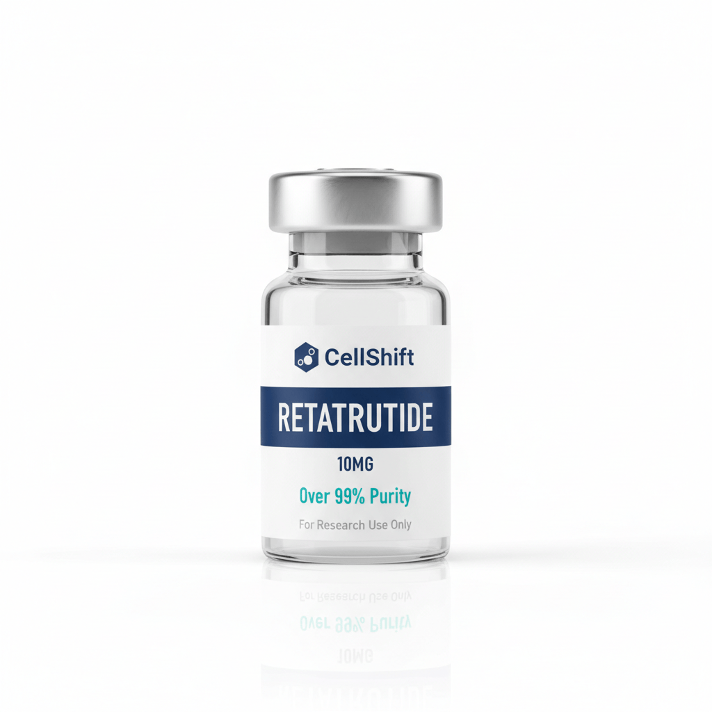 Professional product photo of a small glass research peptide vial with silver metal crimp cap. White label with: CellShift logo (hexagon cell icon + "CellShift" in navy blue) at top, navy blue banner stripe with "RETATRUTIDE" in large bold white text, "10MG" dosage, "Over 99% Purity" in teal, "For Research Use Only" in small gray text at bottom. Clean white background, sharp product photography, square format.
