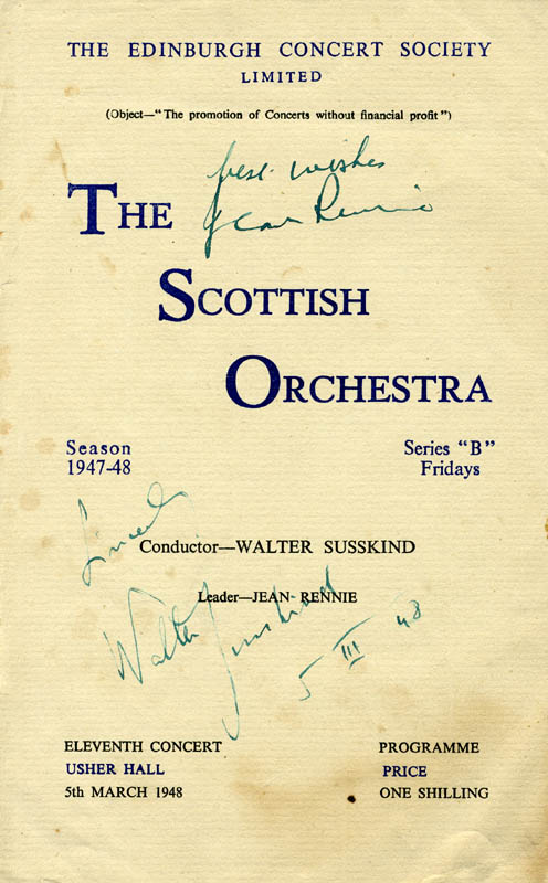 Signed Scottish Orchestra program: Walter Susskind and Jean Rennie. Susskind as Conductor, and Rennie as Leader of the Scottish Orchestra (1948)