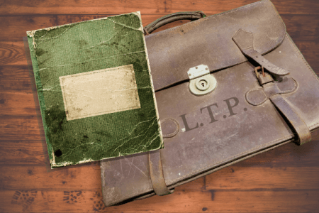 The Cellist's Notebook - the green notebook and the satchel with L.T.P. on it