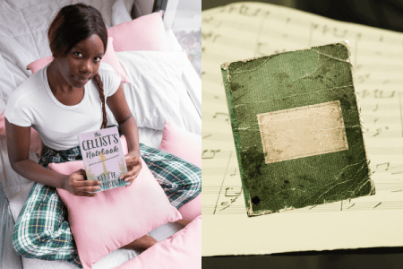 The Cellist's Notebook by Kittie Lambton being held by a young woman and an old green notebook. This image is for our contest to compose the fragment of music that Emily found in the notebook in this book.