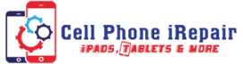 Logo of 'Cell Phone iRepair' featuring a blue and red smartphone with repair gears. Text reads, 'iPads, Tablets & More' in blue and red fonts.