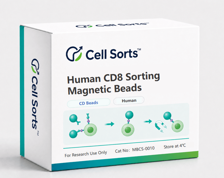 CellSorts MBCS-0010 Human CD8 Sorting Magnetic Beads &mdash; high-specificity anti-human CD8 monoclonal antibody, 50-100 nm nanobeads, column-based positive selection