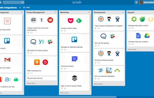 Trello board showing Kanban workflow with task cards and project tracking