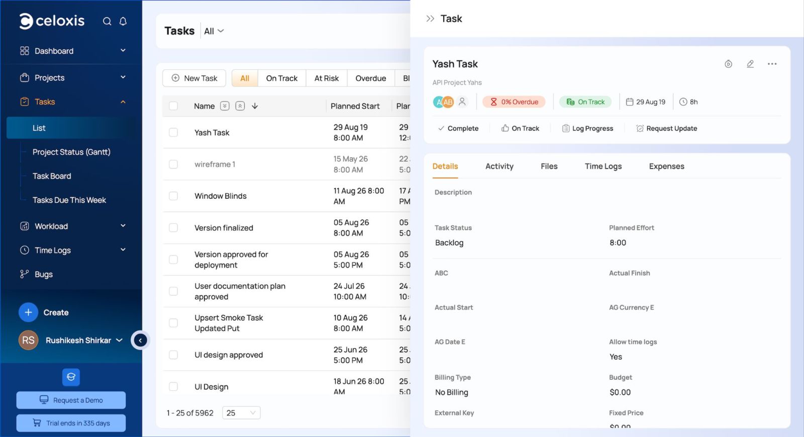 Celoxis task tracking software dashboard showing task management, progress tracking, team collaboration, and project visibility features