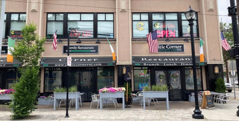 The entrance and outdoor seating at Celtic Corner