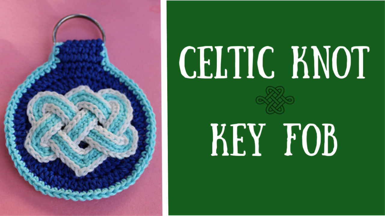 Celtic knot key fob, blue and white, easy crochet project