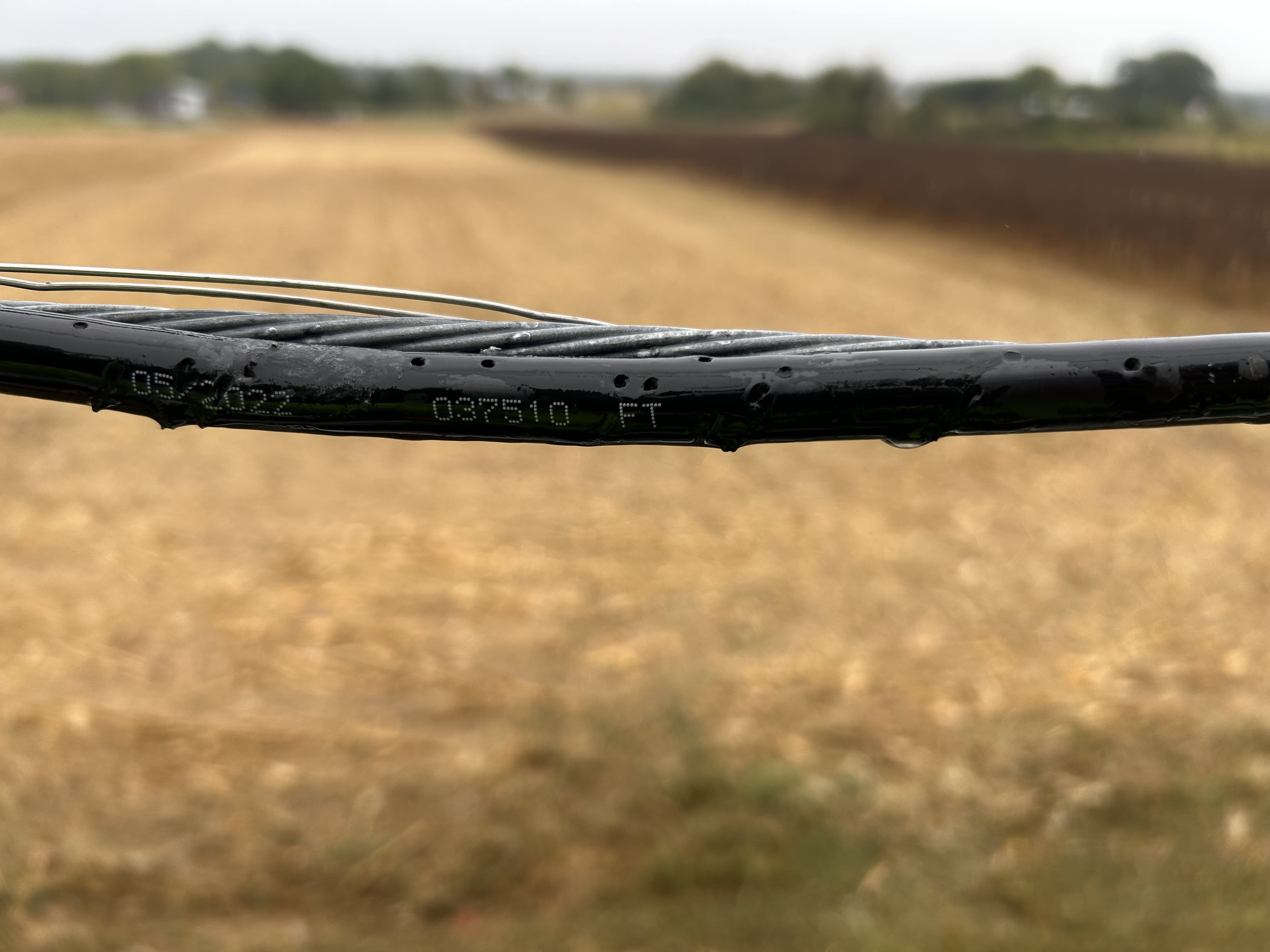 Close-up of an aerial fiber line showing small puncture holes from gunshot damage over a field