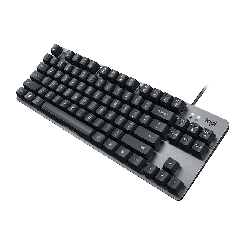 Vista frontal del teclado Logitech K835 TKL sin teclado numérico, ideal para ahorrar espacio en el escritorio y programar.