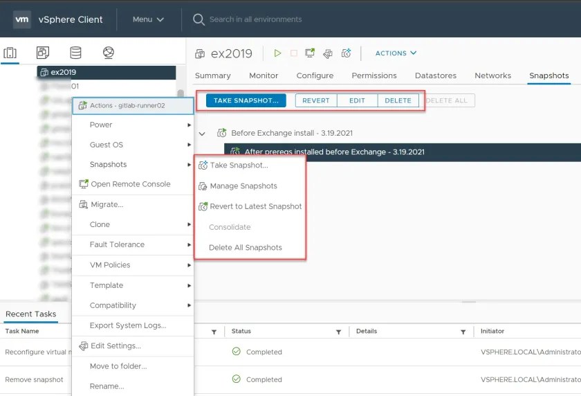 managing vmware snapshots using the vsphere client