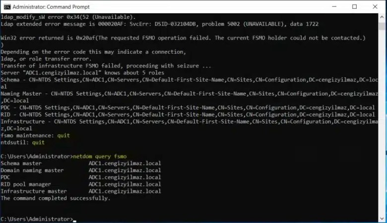 FSMO Rollerinin Taşınması ve Metadata Cleanup ile DC Kaldırılması 8 netdom query fsmo t2t85c