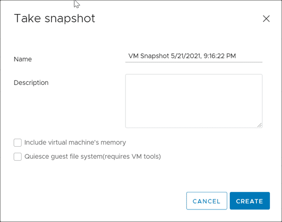 the take snapshot dialog box in the vsphere client