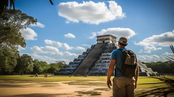 Turista en un dia caluroso en Chichen Itza