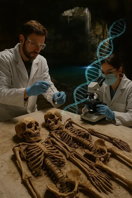 Researchers analysing twin skeletons from Chichén Itzá