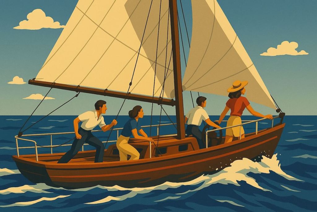 A group of four individuals sailing on a wooden boat with a sail, navigating through the ocean under a clear blue sky.