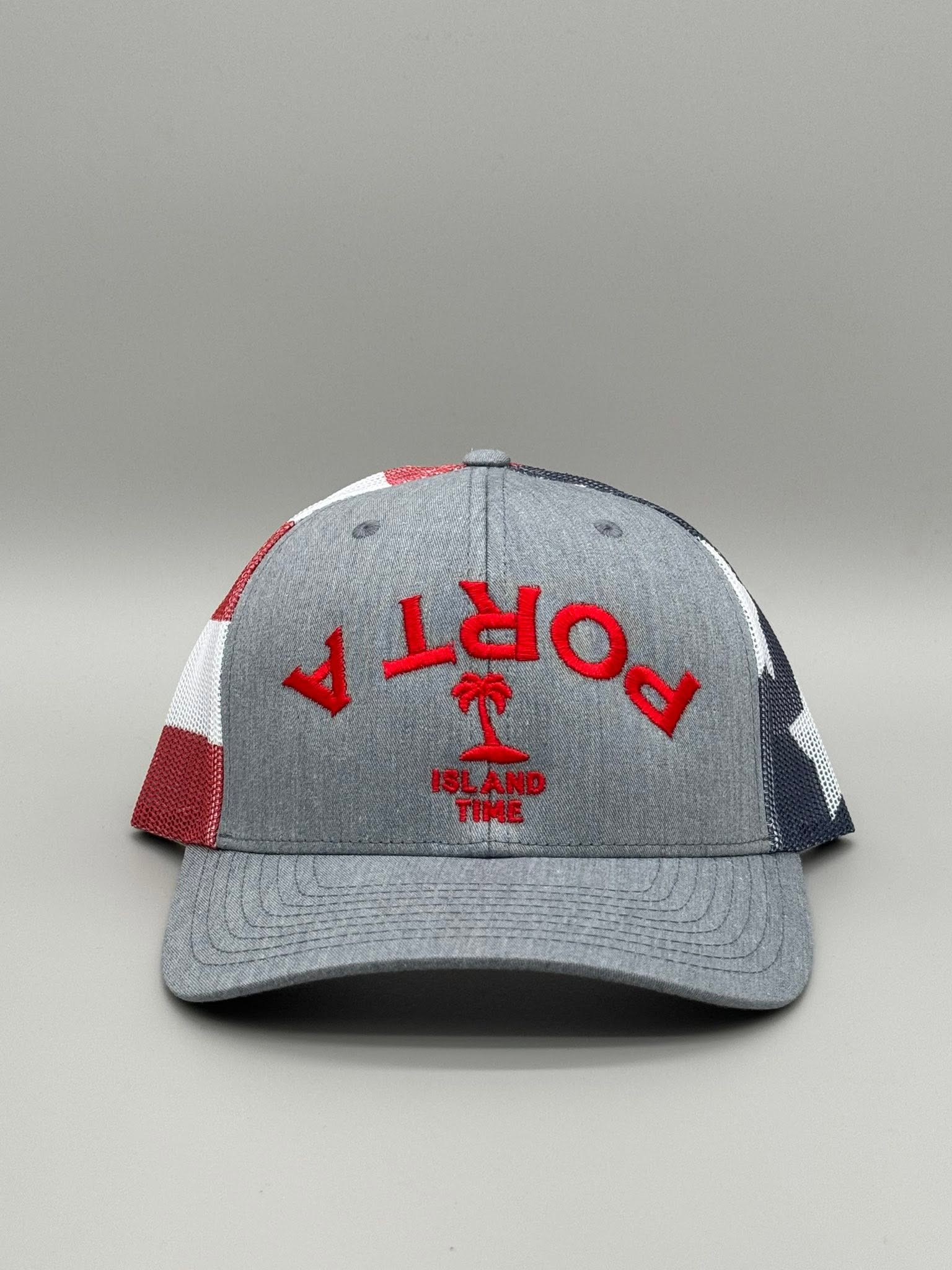 Upside Down Port A Island Time Hat – Heather Gray / White / Cardinal Red