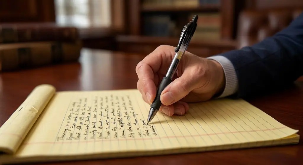 Attorney writing notes on a yellow legal pad