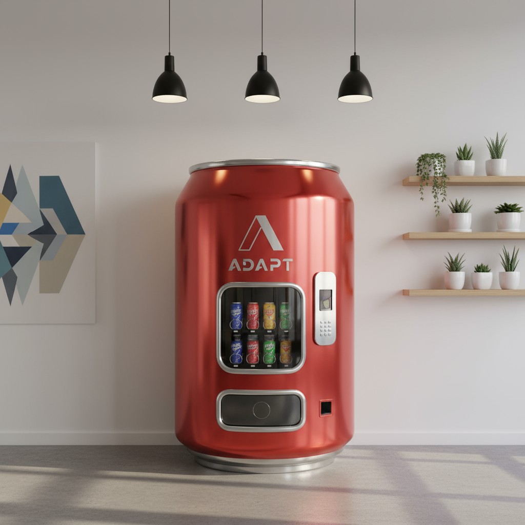 Red and silver vending machine with a selection of canned drinks, with black light fixtures, plants on a wall shelf, and a...