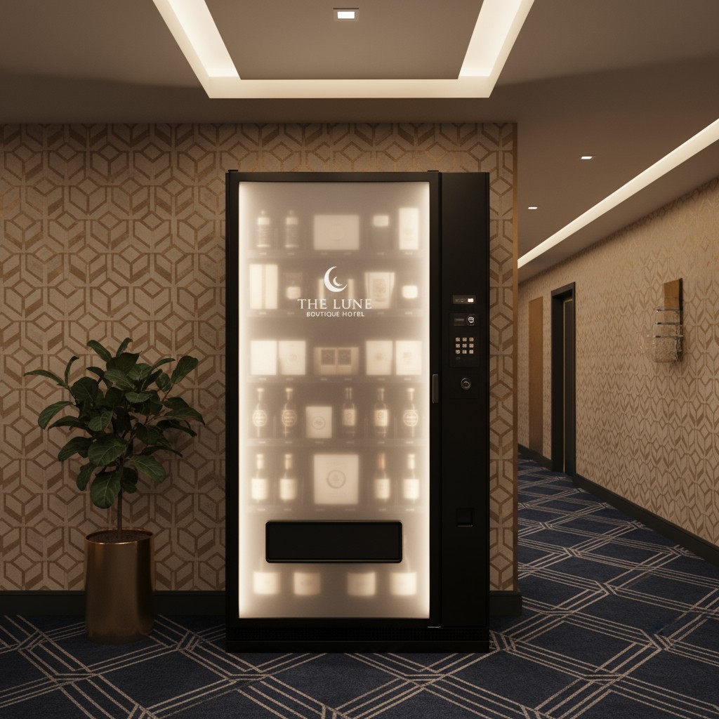 A long corridor with a black vending machine, featuring the logo "THE LUNE BOUTIQUE HOTEL" in white on its front, placed i...