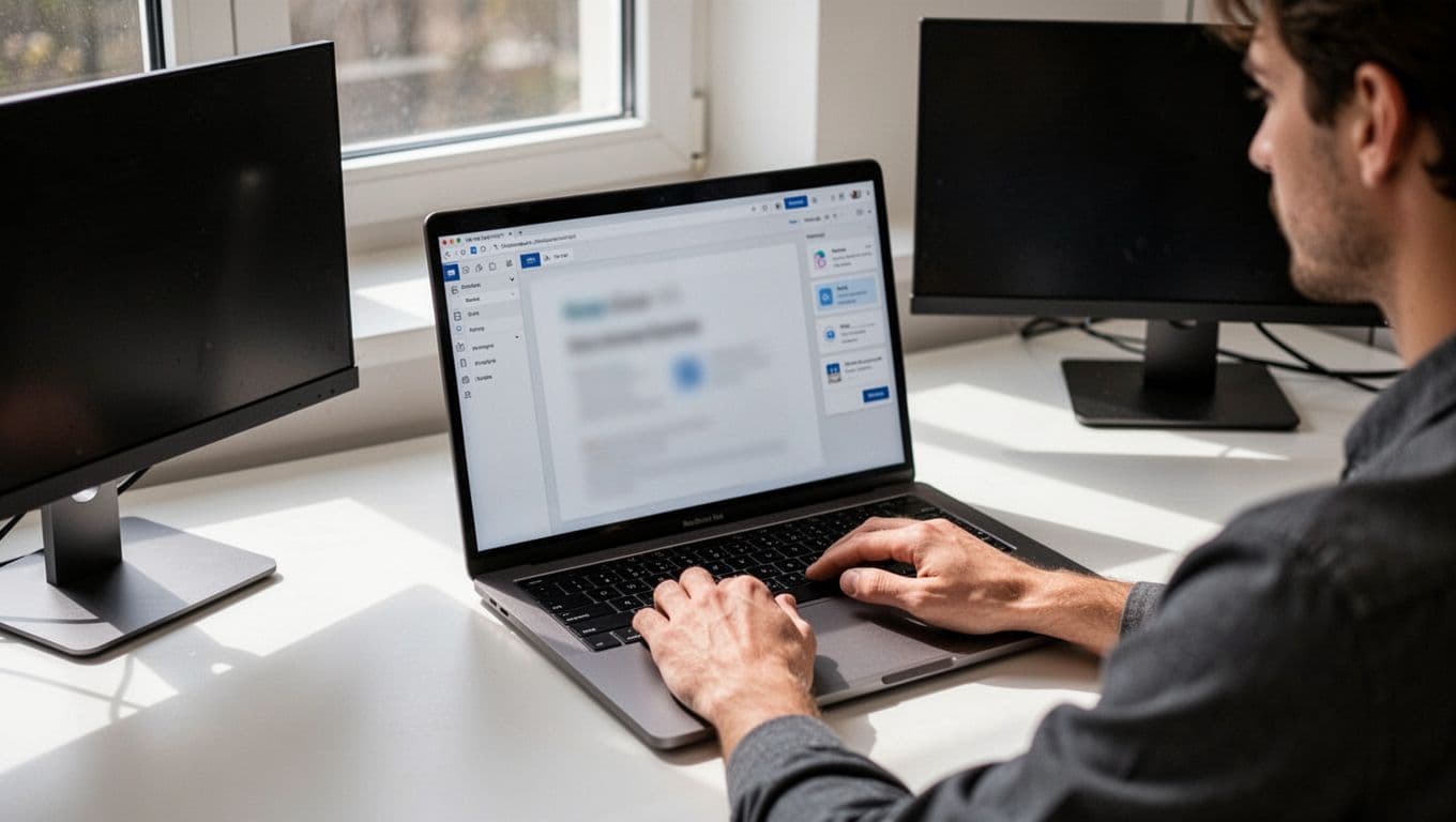 Developer types on laptop with blurred screen showing widget integrations in website editor, unused side monitors, daylight workspace.