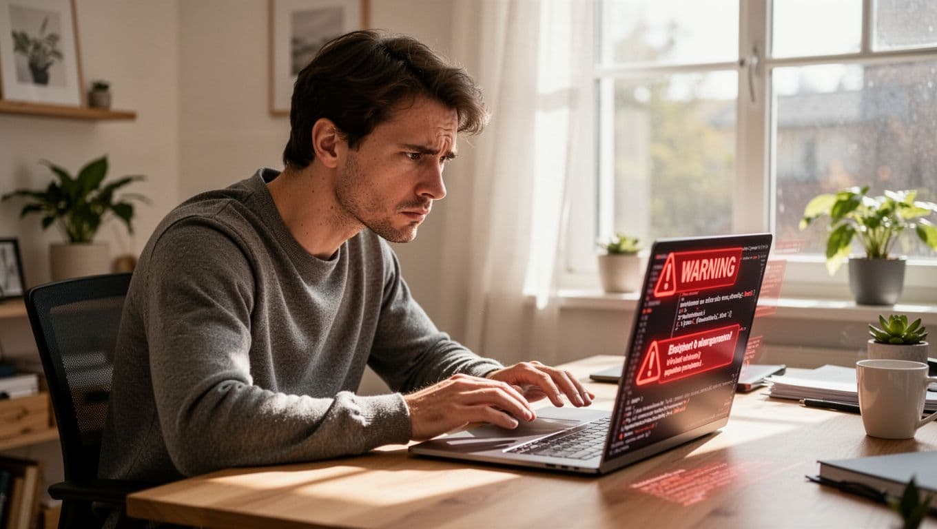 Frustrated web developer gazes at laptop screen showing WordPress dashboard with plugin conflict errors in bright home office.