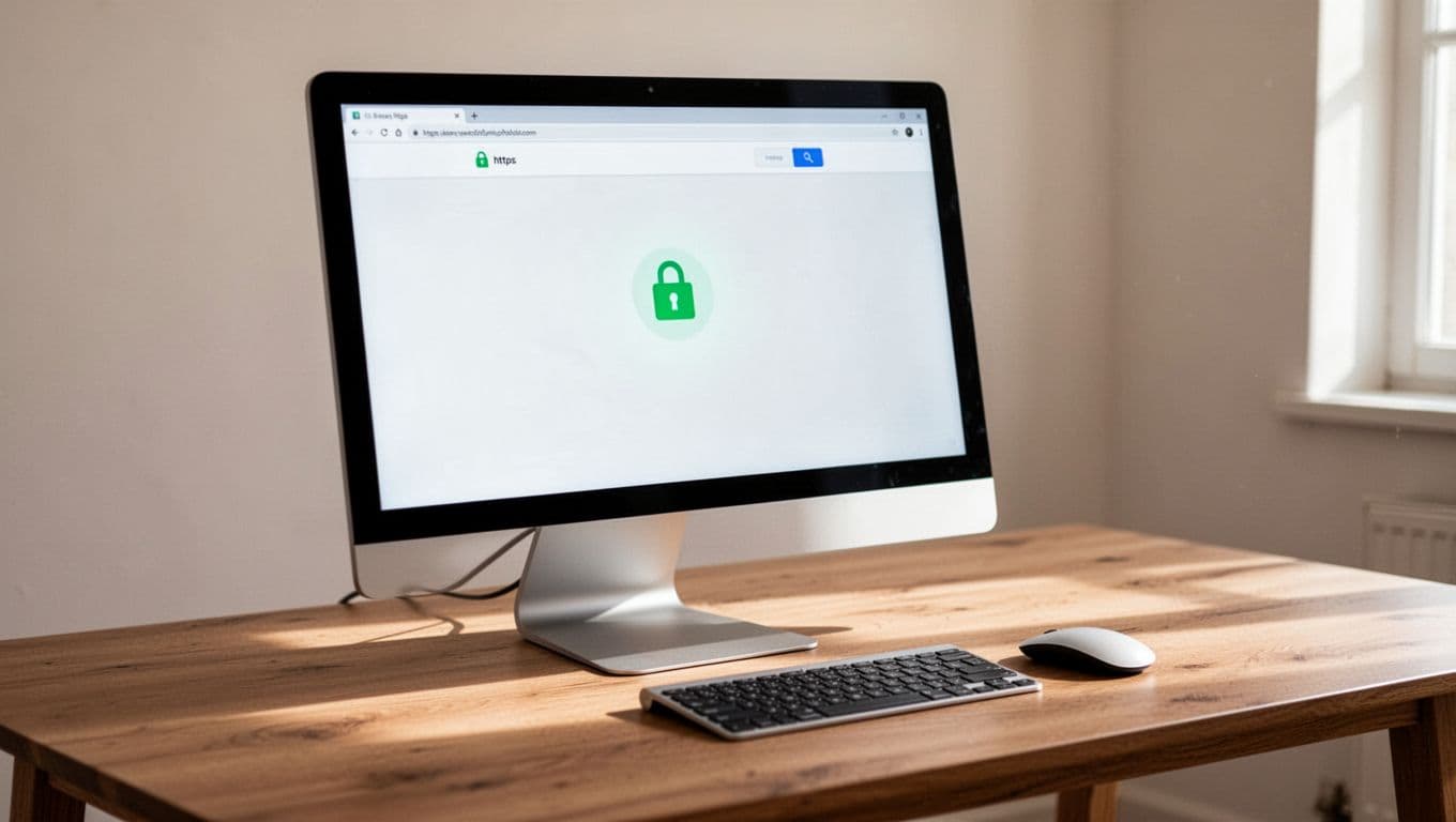 Angled desktop screen shows web browser with green HTTPS padlock and simple homepage, keyboard and mouse on wooden desk.