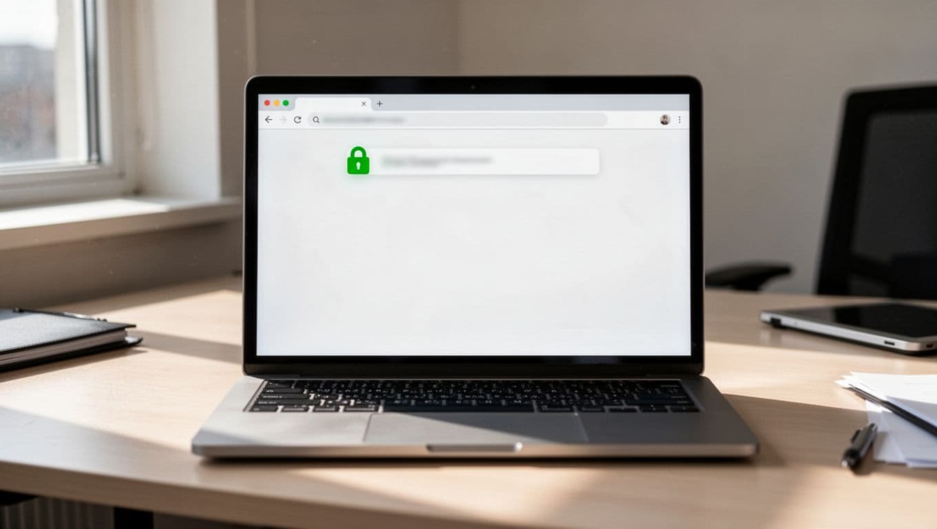 Laptop on office desk shows browser address bar with green HTTPS padlock next to domain URL.