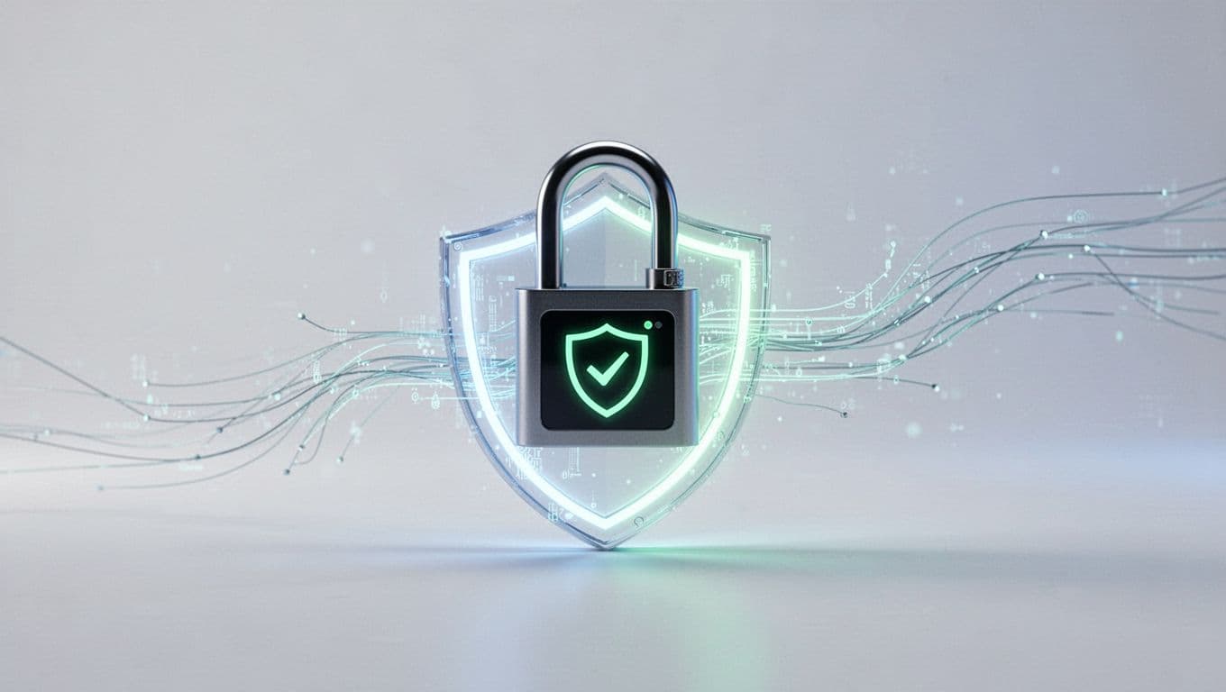 Digital padlock locks glowing HTTPS icon with secure data streams flowing.