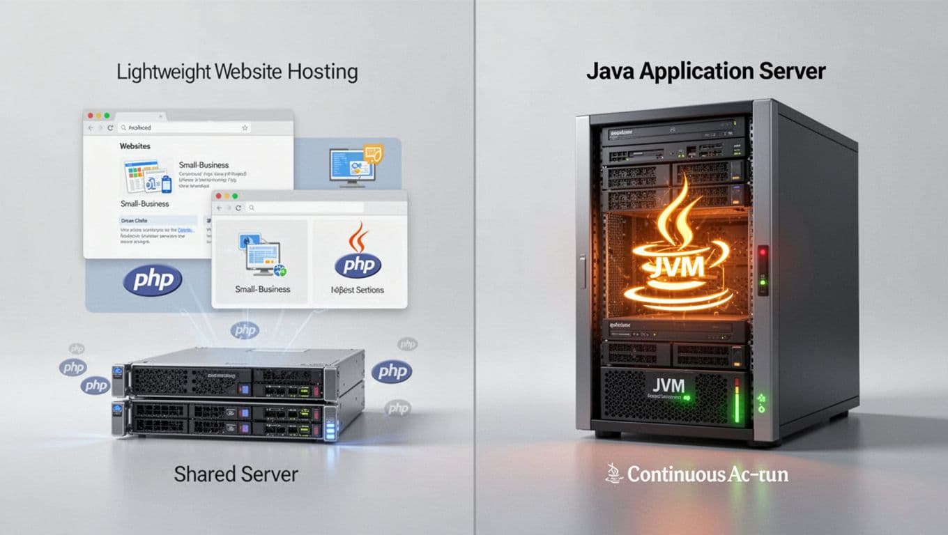 Left panel shows simple websites like WordPress and PHP pages on shared server; right panel depicts persistent JVM Java application server.