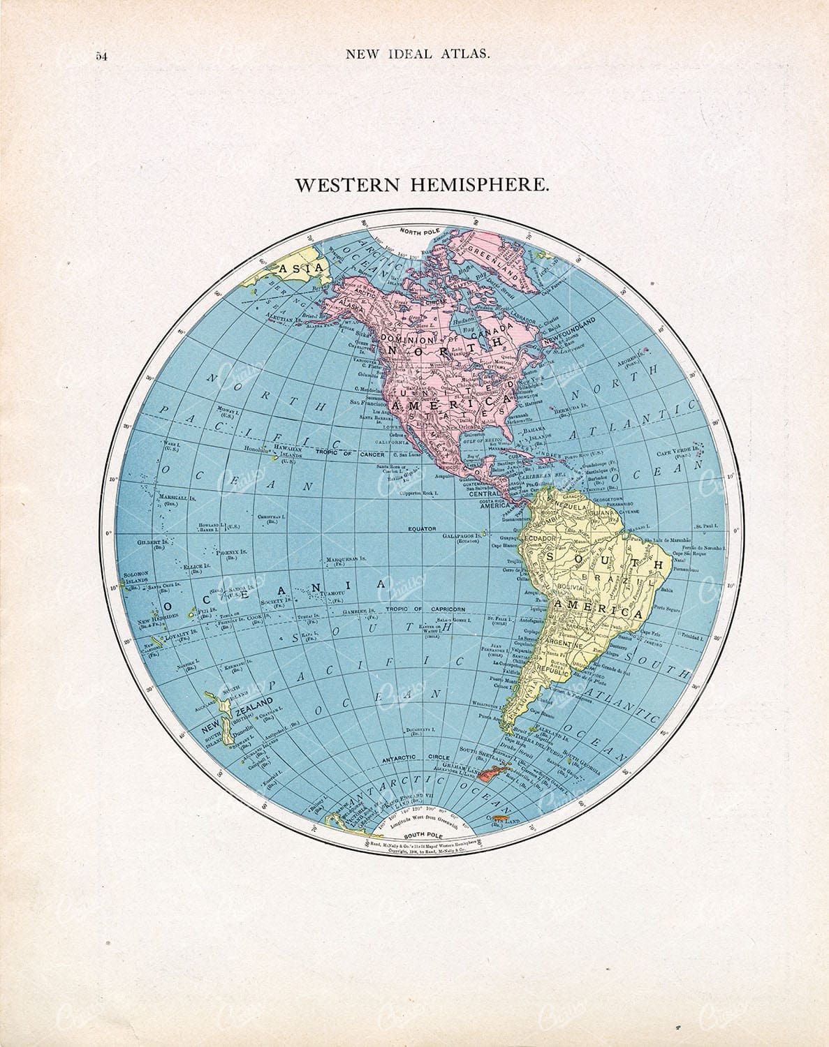 Western Hemisphere Globe Map Color Atlas Plate With Americas B 513A.