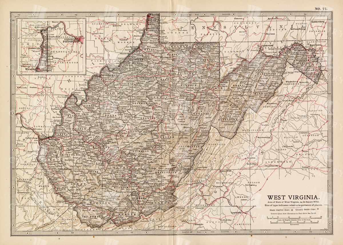West Virginia State Map With County Boundaries Atlas Plate Century 004535 